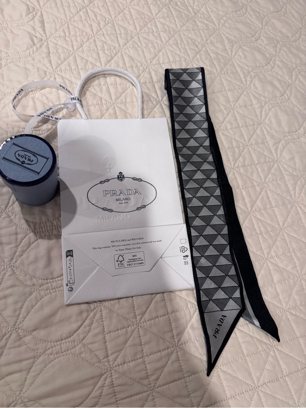 Prada Black & Gray Geometric Twilly Scarf